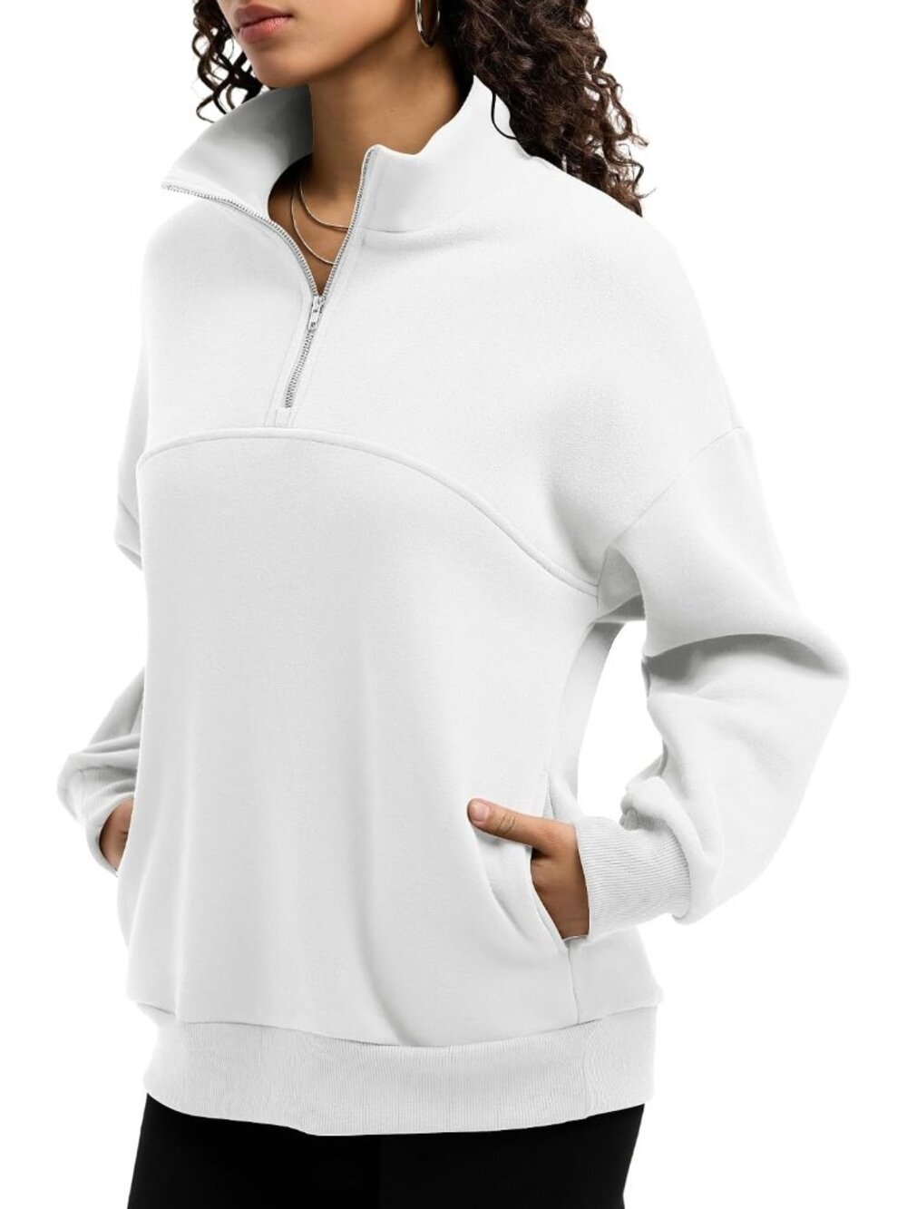 🆕Women's All White Fleece Quarter Zipper Pullover Oversized Half Zip Hoodie